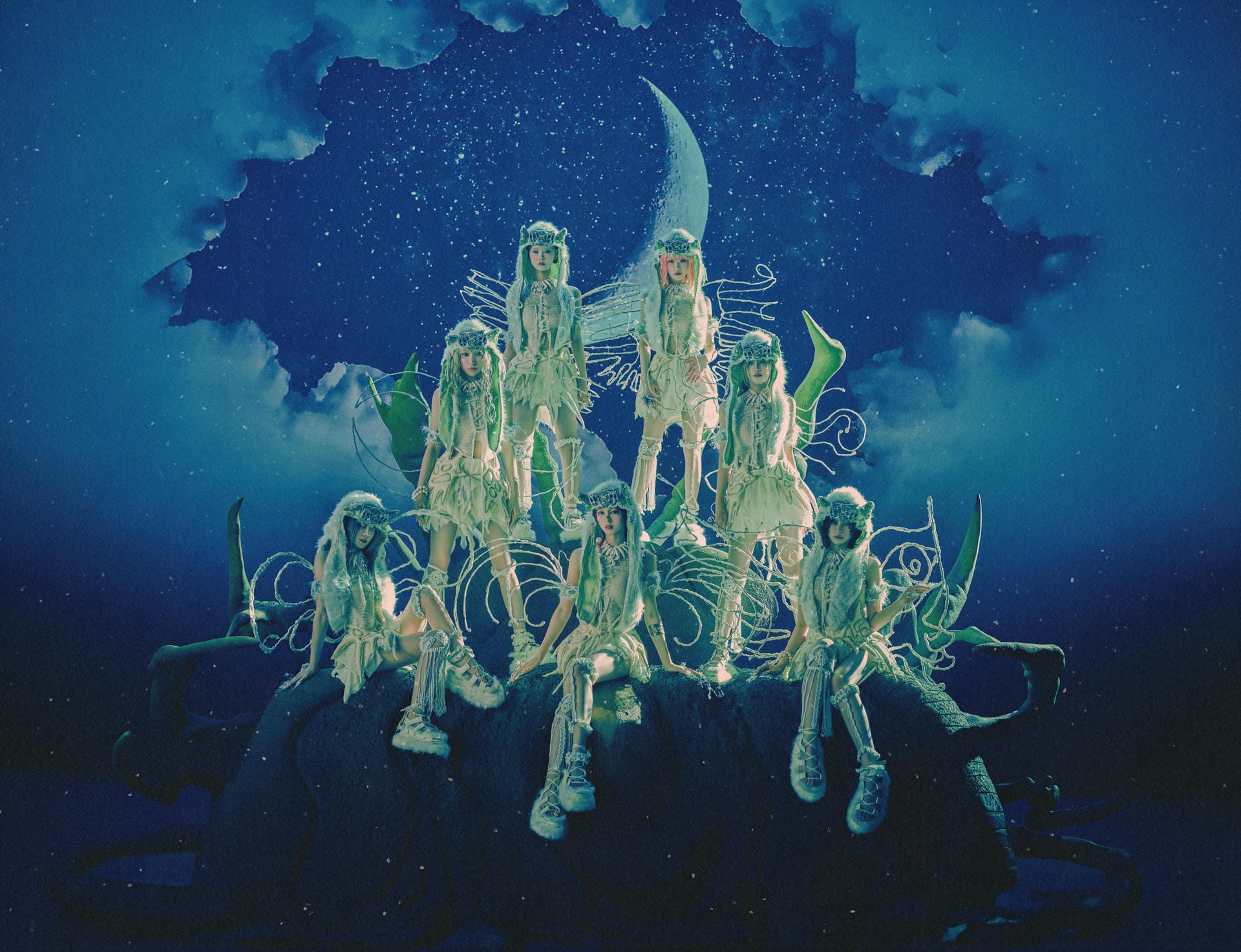 Digital illustration of a group of people with glowing green outlines against a dark blue background.